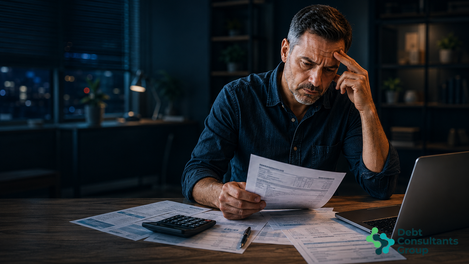 Business owner reviewing financial documents and cash flow reports while evaluating merchant cash advance debt obligations.