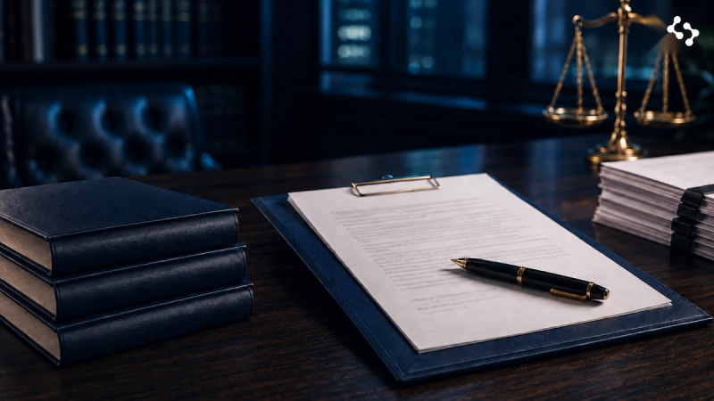 Business owner reviewing MCA legal documents with compliance and contract symbols representing merchant cash advance agreements and borrower protections.