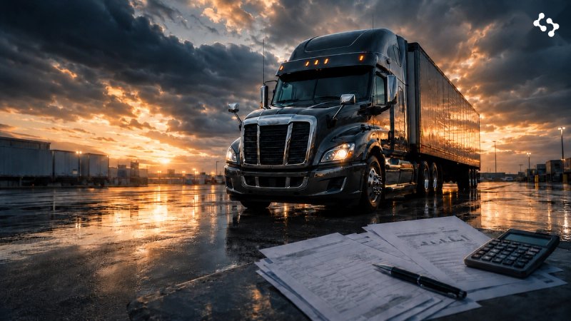 Commercial trucking fleet facing financial pressure from Merchant Cash Advances with fuel expenses, maintenance costs, invoices, cash flow indicators, and financial stability planning tools.