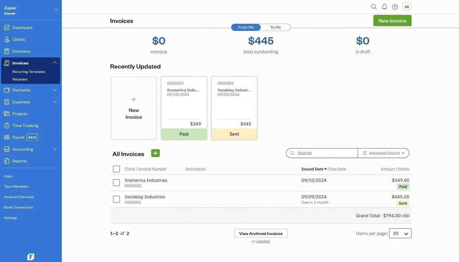 FreshBooks dashboard — invoicing and time tracking software for freelancers