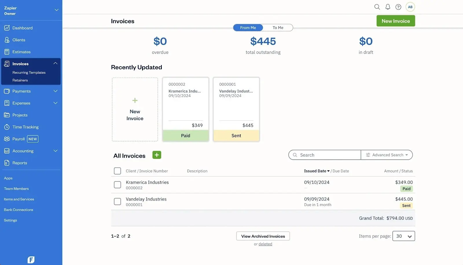 FreshBooks dashboard — invoicing and time tracking software for freelancers