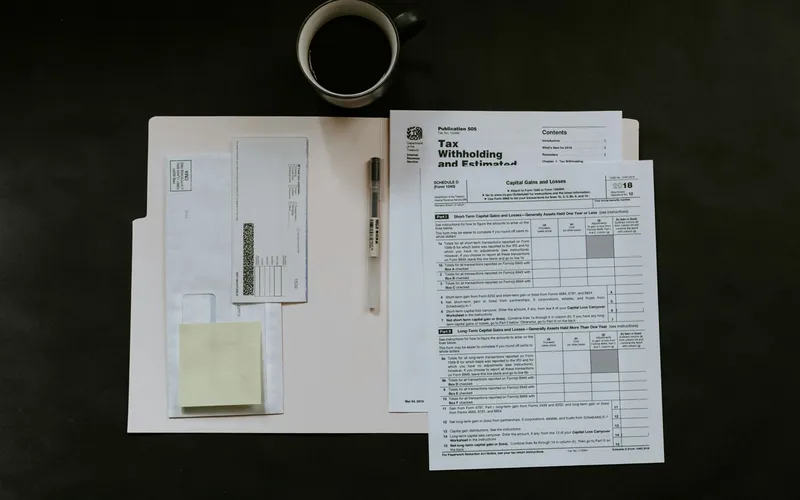 IRS Publication 505 and a Schedule D capital gains form on a desk beside a folder, pen and cup of black coffee
