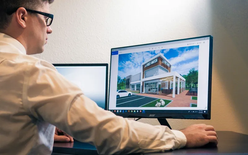 Man at a desk reviewing a 3D rendering of a building on his computer monitor