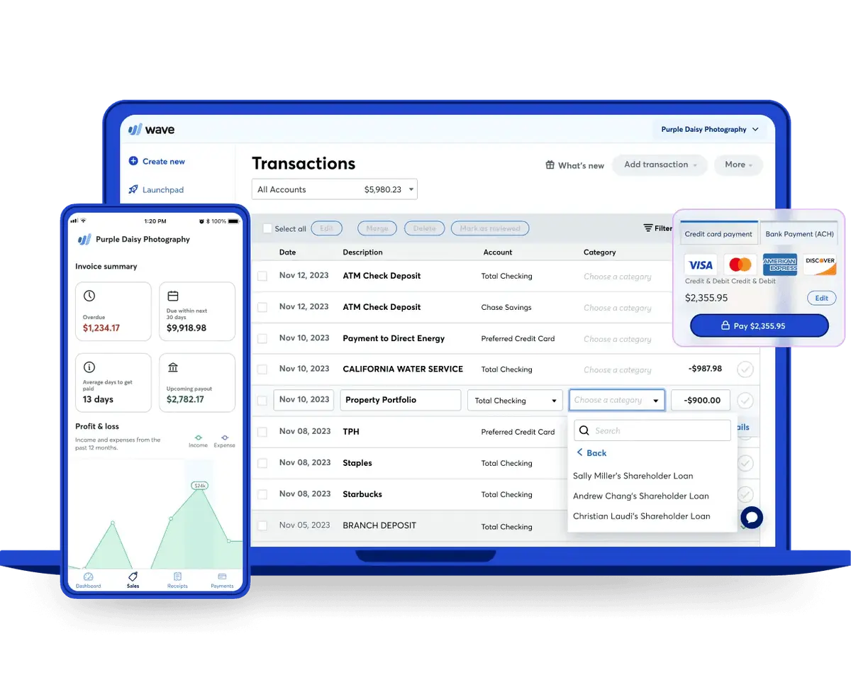 Wave Dashboard with invoice summary and transactions.
