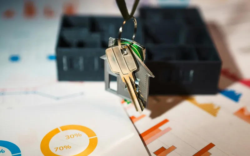 A house-shaped keyring holding keys, hanging above financial charts including a donut chart split 70 percent to 30 percent