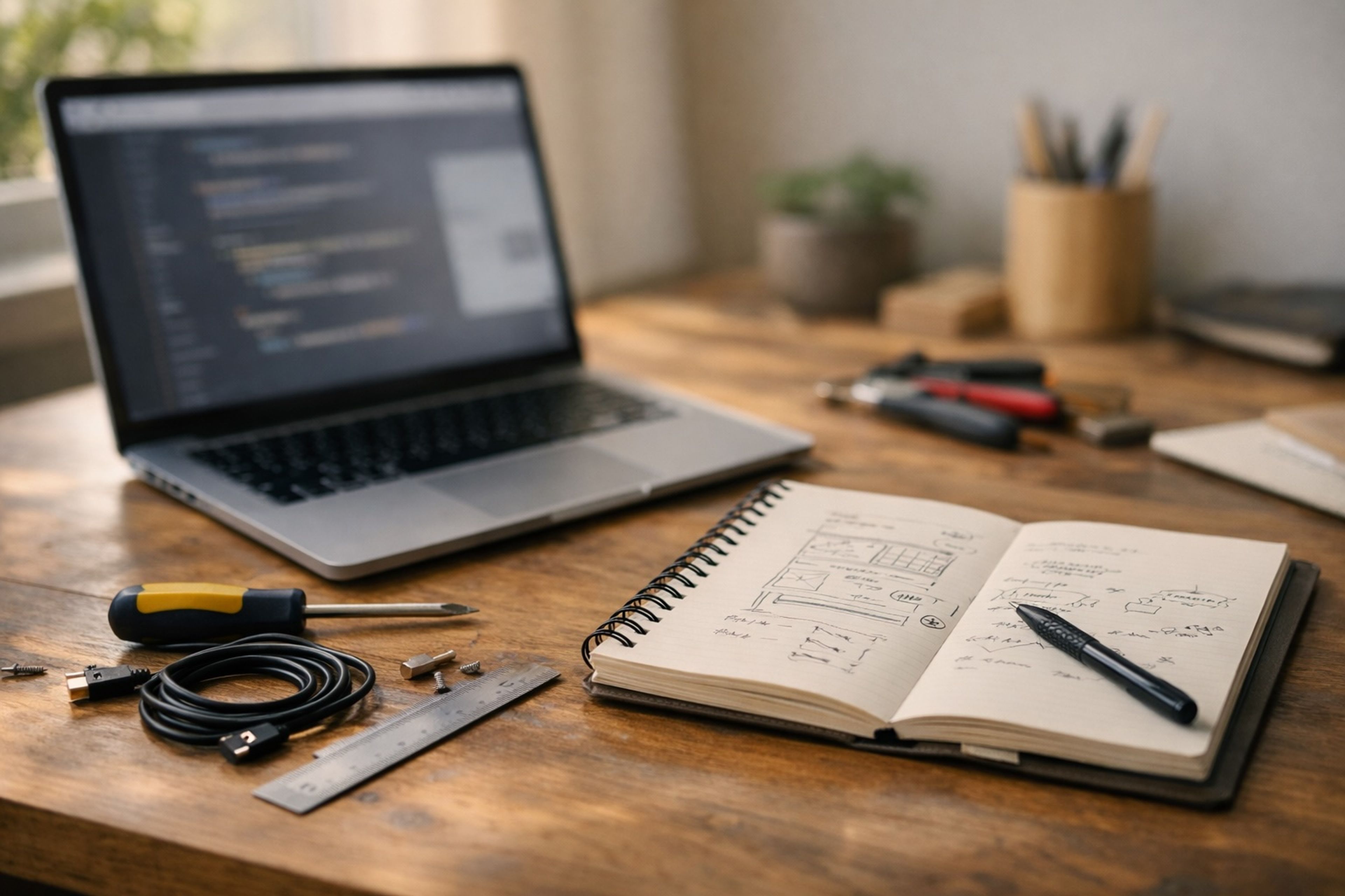 A hybrid workspace with a laptop, notebook, and basic tools, representing hands-on problem-solving across physical and digital projects.