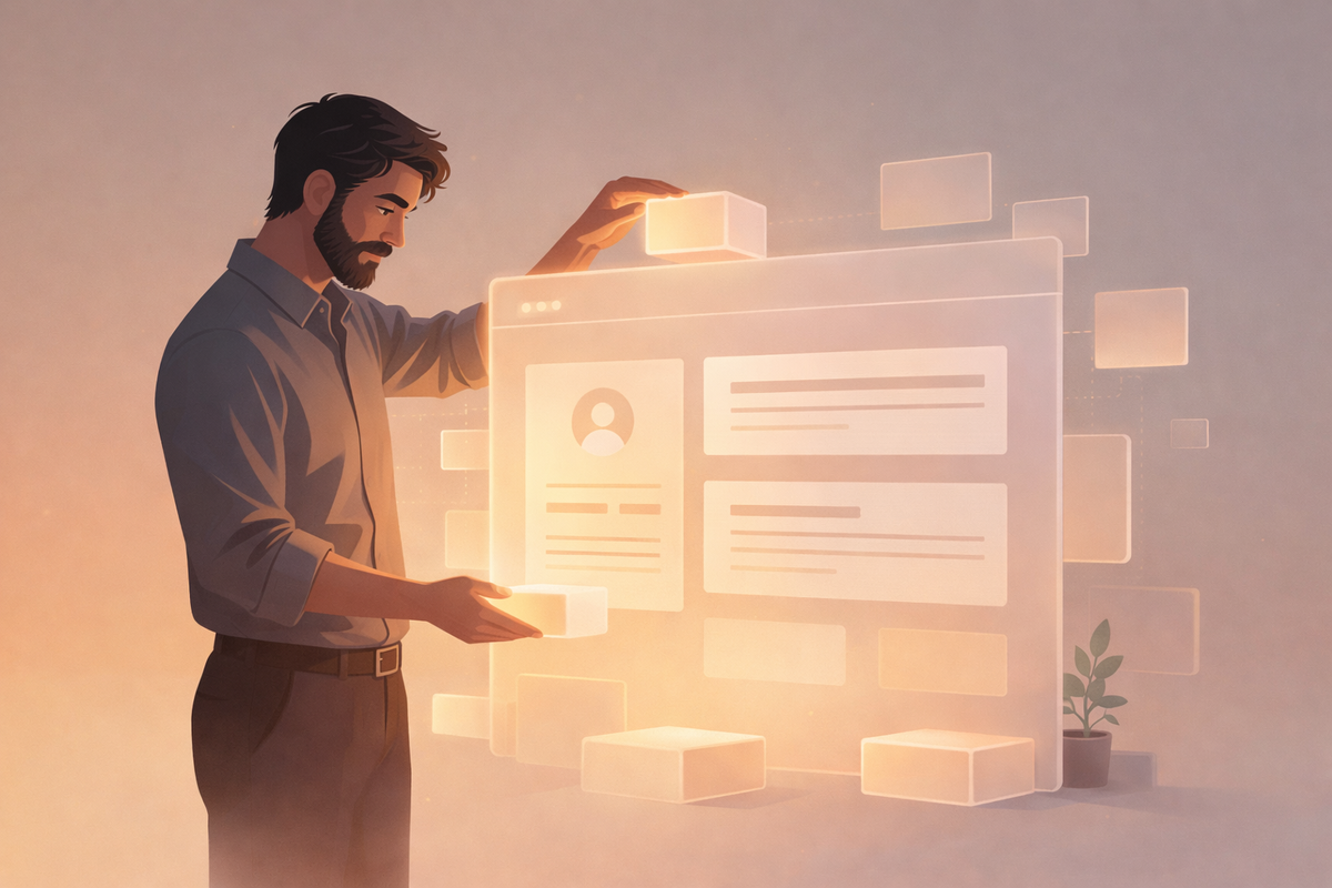 An illustrated figure carefully building a website interface made of glowing panels, representing the early stages of creating an online presence.