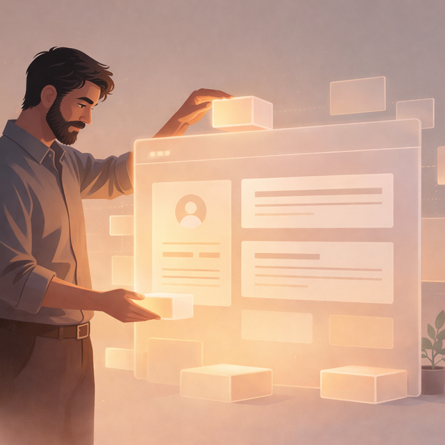 An illustrated figure carefully building a website interface made of glowing panels, representing the early stages of creating an online presence.