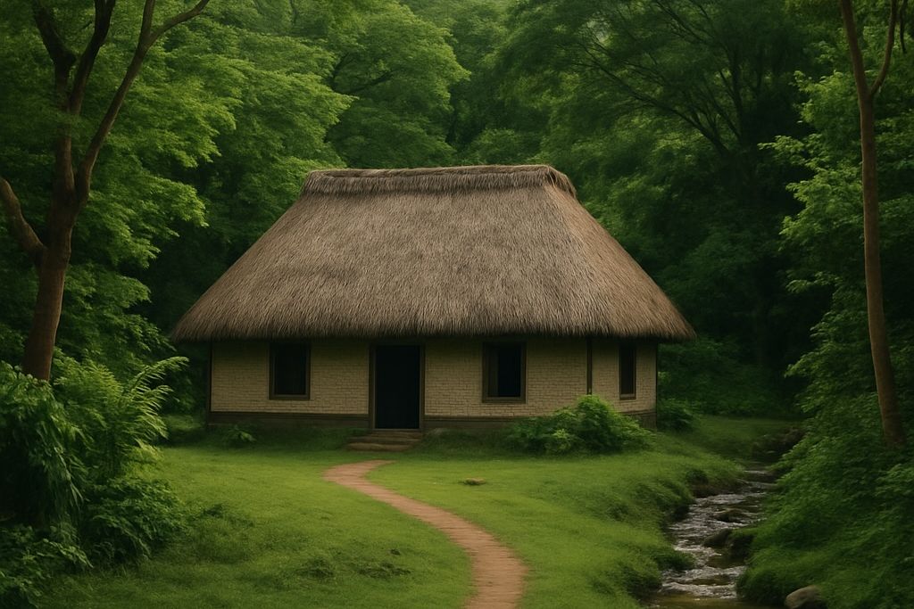 A simple village home surrounded by dense green forest and natural pathways, reflecting a slower, community-centered way of life.