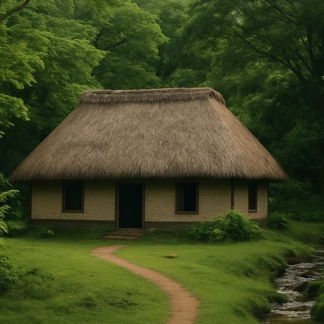 A simple village home surrounded by dense green forest and natural pathways, reflecting a slower, community-centered way of life.