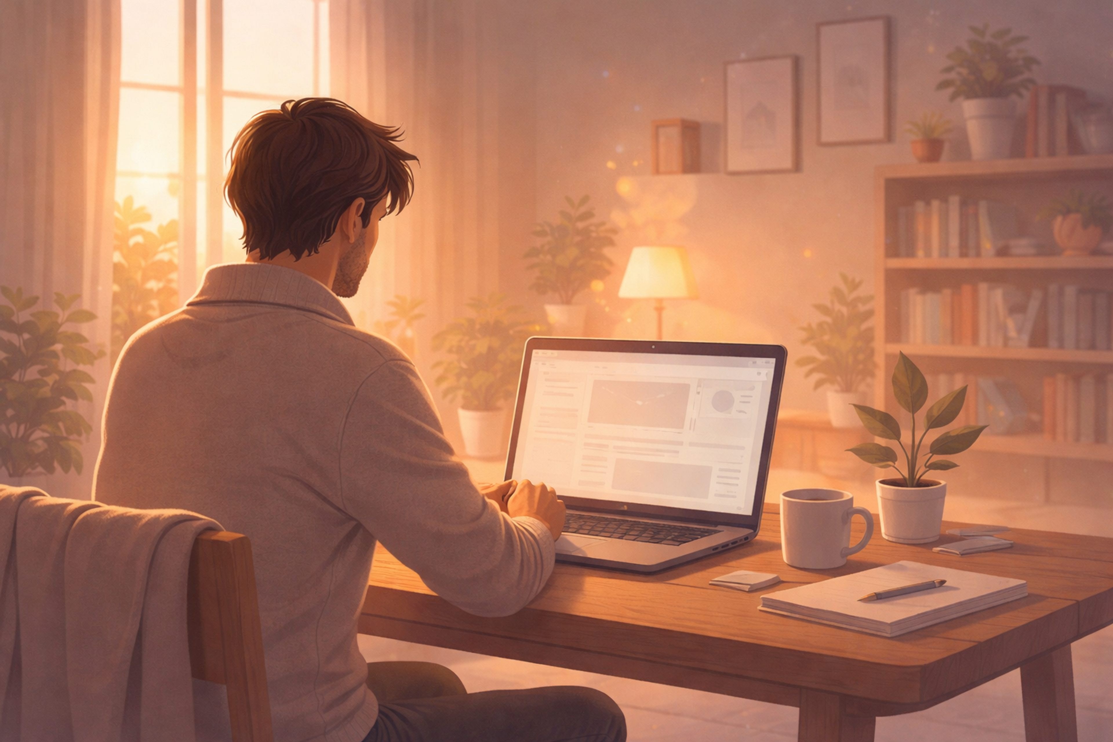 An illustrated figure in a calm, softly lit digital space, tending to a personal website that represents a stable and enduring digital home.