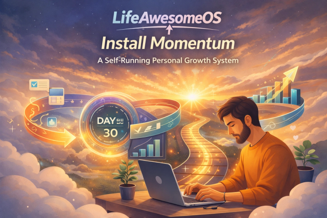 Illustration of a man working on a laptop at sunrise with a glowing “Day 30” dashboard and upward arrows, promoting LifeAwesome OS, a self-running personal growth system designed to build daily momentum.