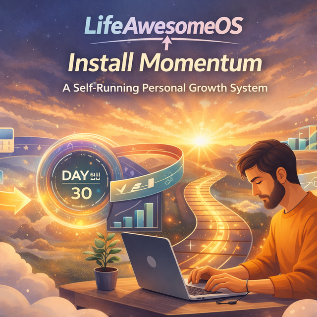Illustration of a man working on a laptop at sunrise with a glowing “Day 30” dashboard and upward arrows, promoting LifeAwesome OS, a self-running personal growth system designed to build daily momentum.