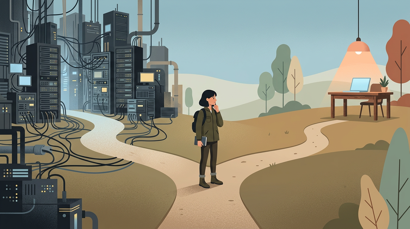 A developer stands at a fork in the road — one path leads to towering server complexity, the other to a simple, focused workspace. Illustration for The Stack Simplification Trap.