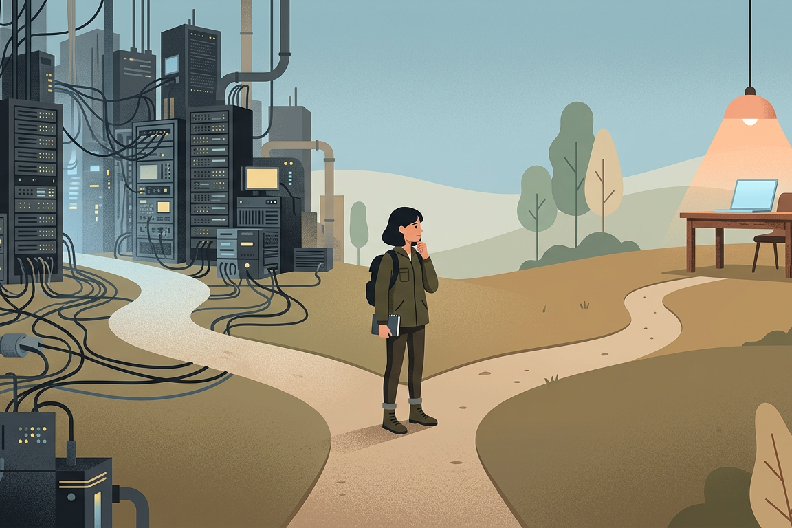 A developer stands at a fork in the road — one path leads to towering server complexity, the other to a simple, focused workspace. Illustration for The Stack Simplification Trap.