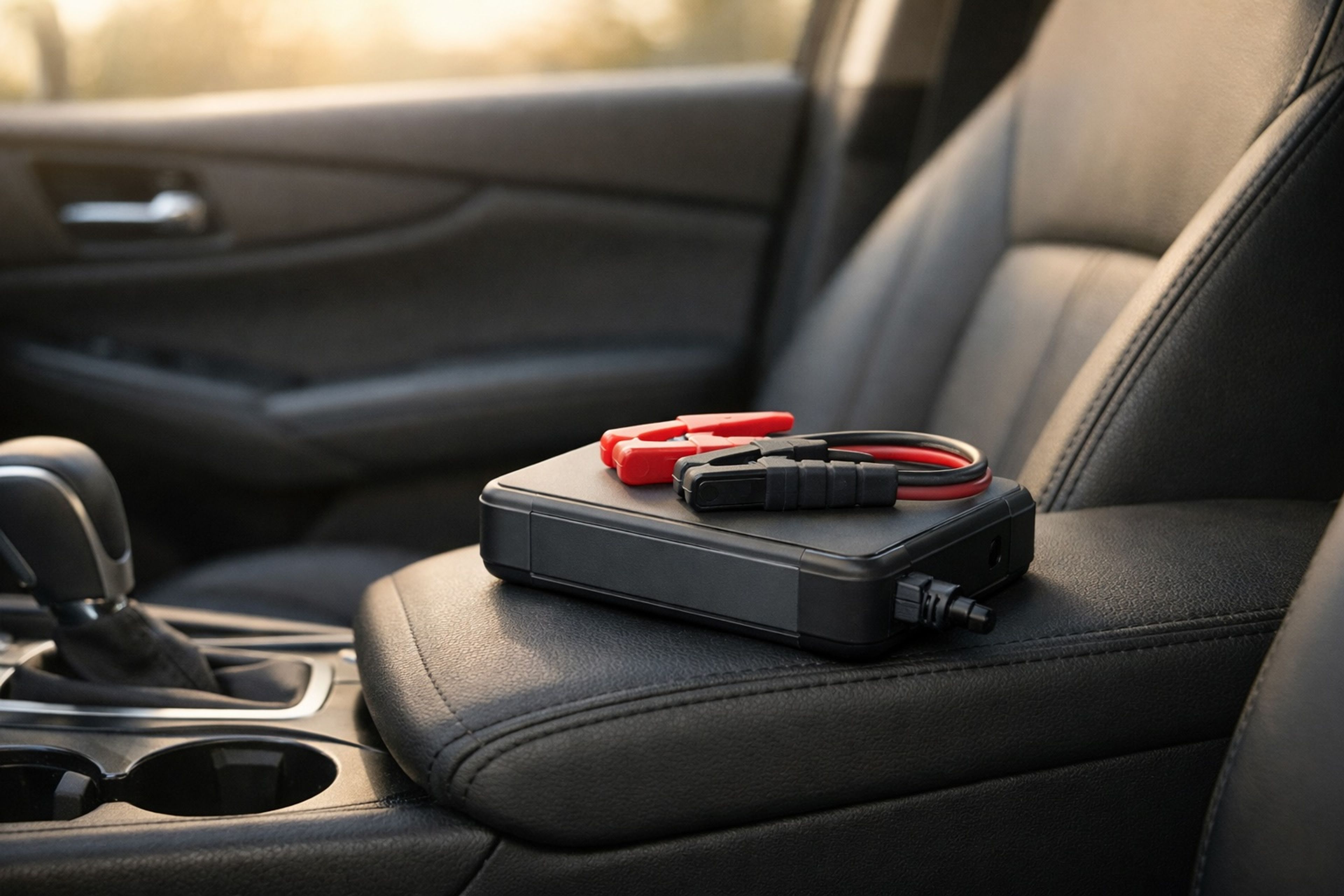 A compact portable car jump battery resting on the center console of a car, representing preparedness and peace of mind.