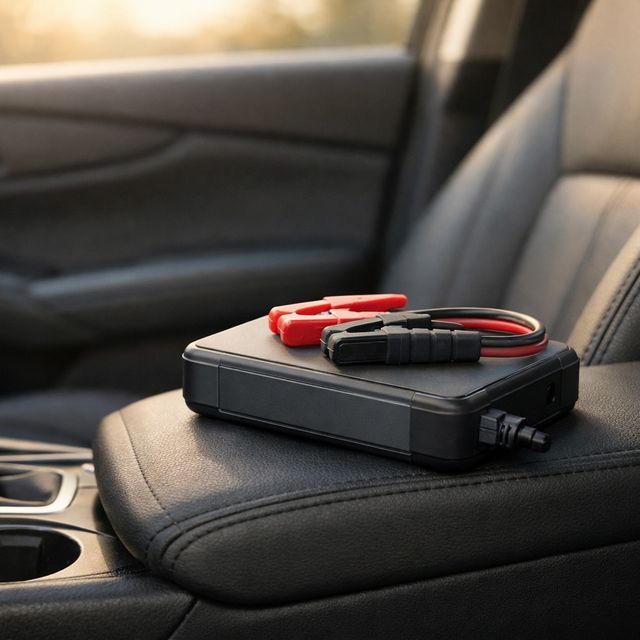 A compact portable car jump battery resting on the center console of a car, representing preparedness and peace of mind.