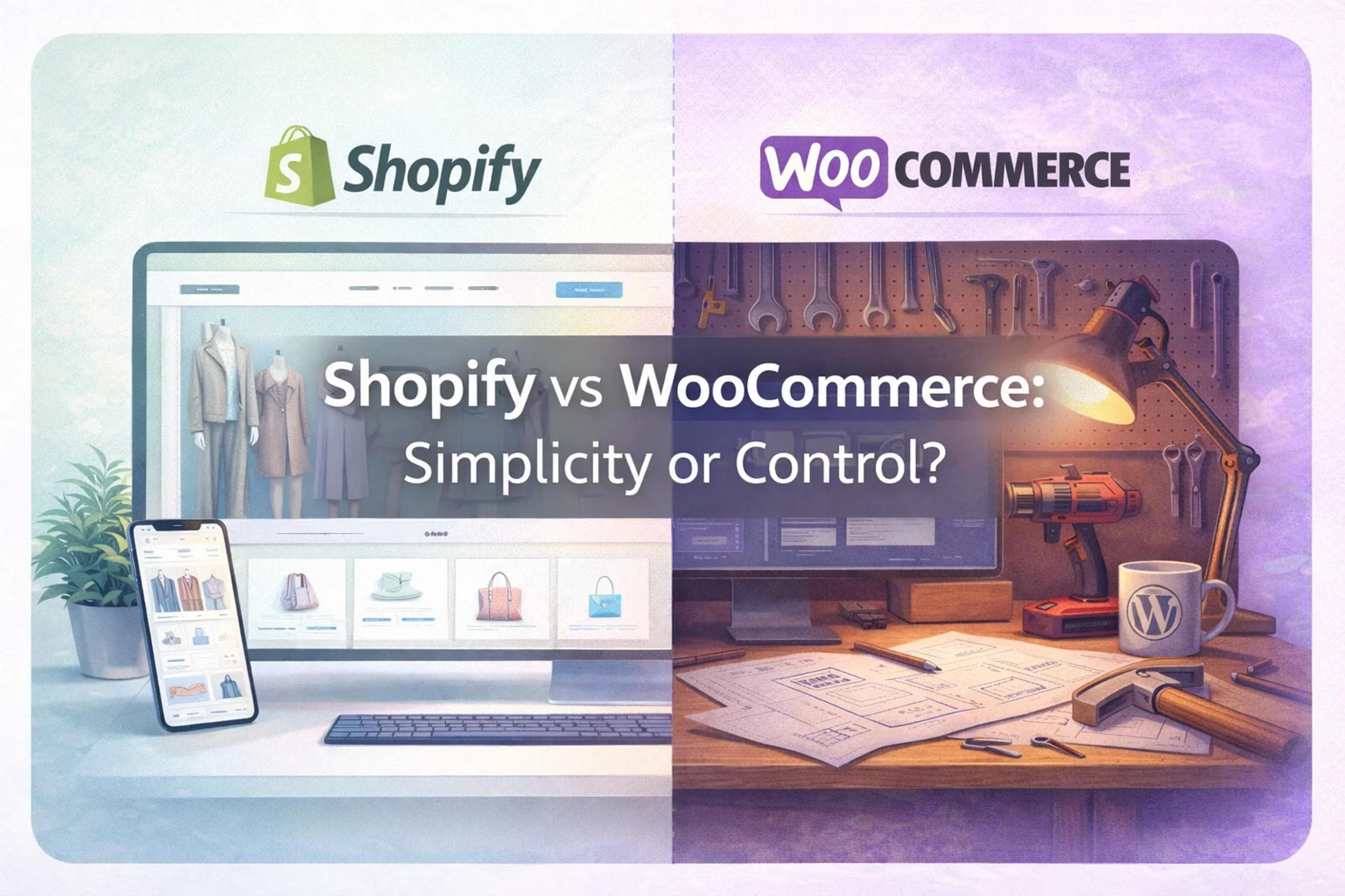 Split illustration comparing Shopify and WooCommerce, showing a sleek modern ecommerce storefront on one side and a developer workshop with tools and blueprints on the other, representing simplicity versus customization.