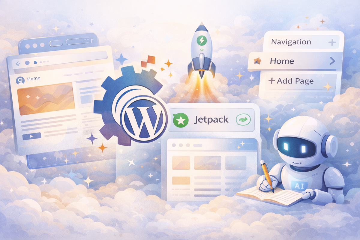 Illustration highlighting WordPress features including templates, Jetpack integration, simple navigation tools, and an AI writing assistant.