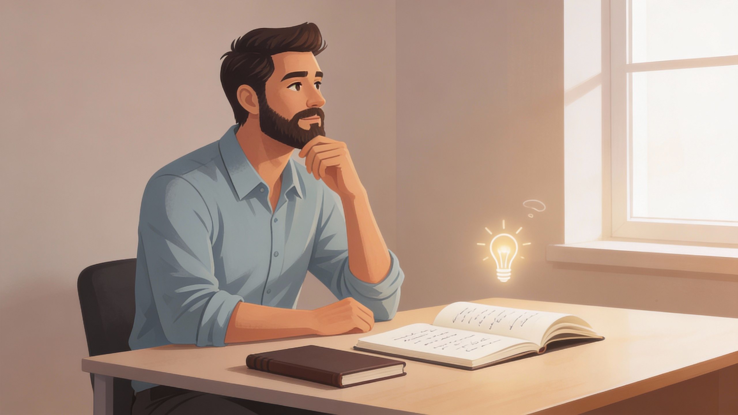 An illustrated man sitting thoughtfully at a desk, looking toward a window as a small glowing lightbulb symbolizes a quiet idea waiting to take shape.