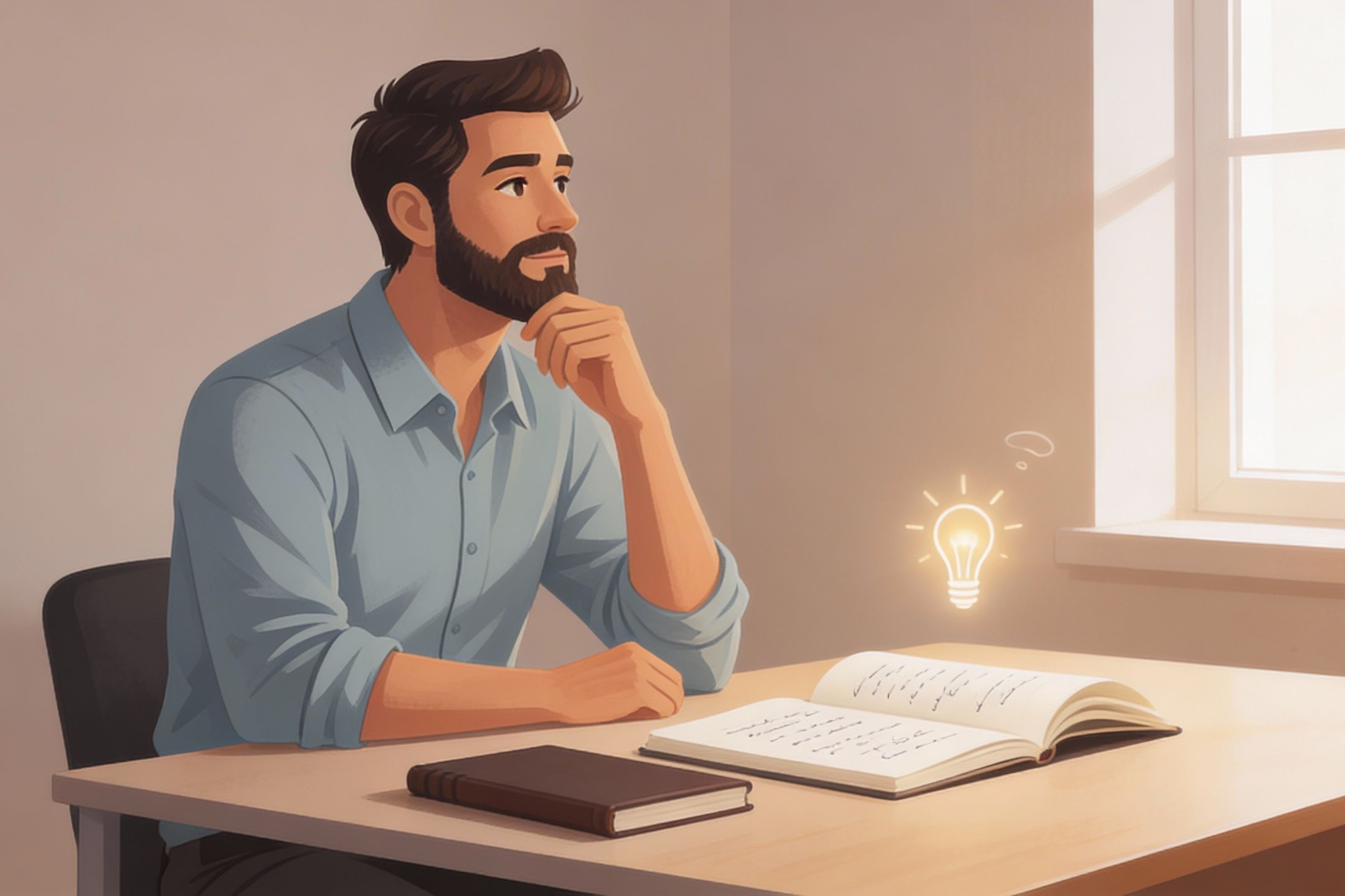 An illustrated man sitting thoughtfully at a desk, looking toward a window as a small glowing lightbulb symbolizes a quiet idea waiting to take shape.