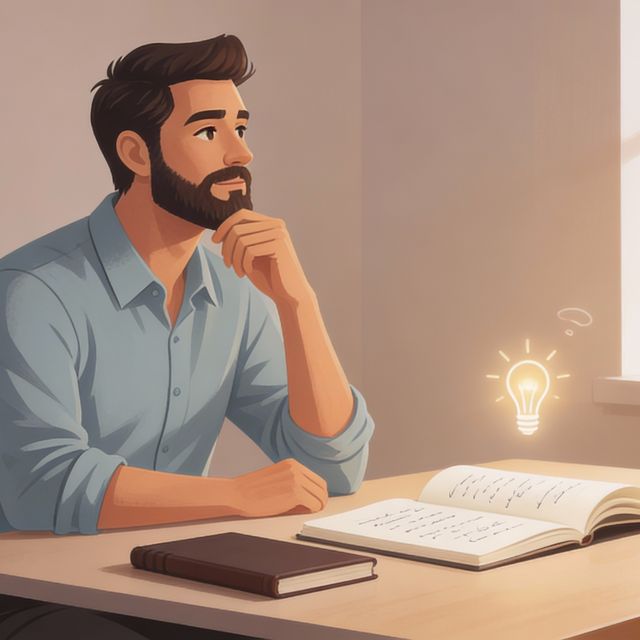 An illustrated man sitting thoughtfully at a desk, looking toward a window as a small glowing lightbulb symbolizes a quiet idea waiting to take shape.