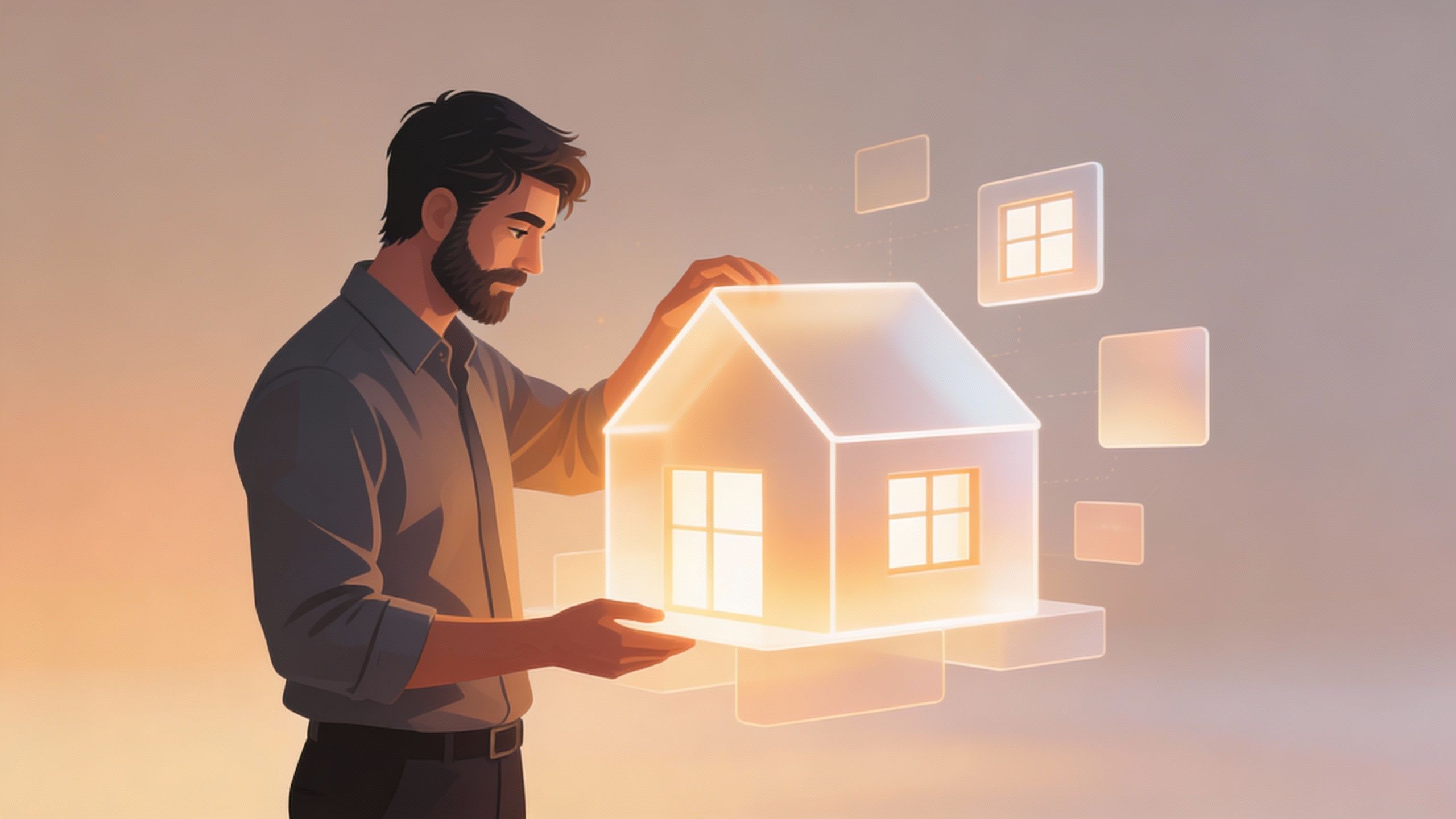An illustrated man thoughtfully assembling a glowing, abstract digital home, symbolizing the intentional creation of a personal digital identity.