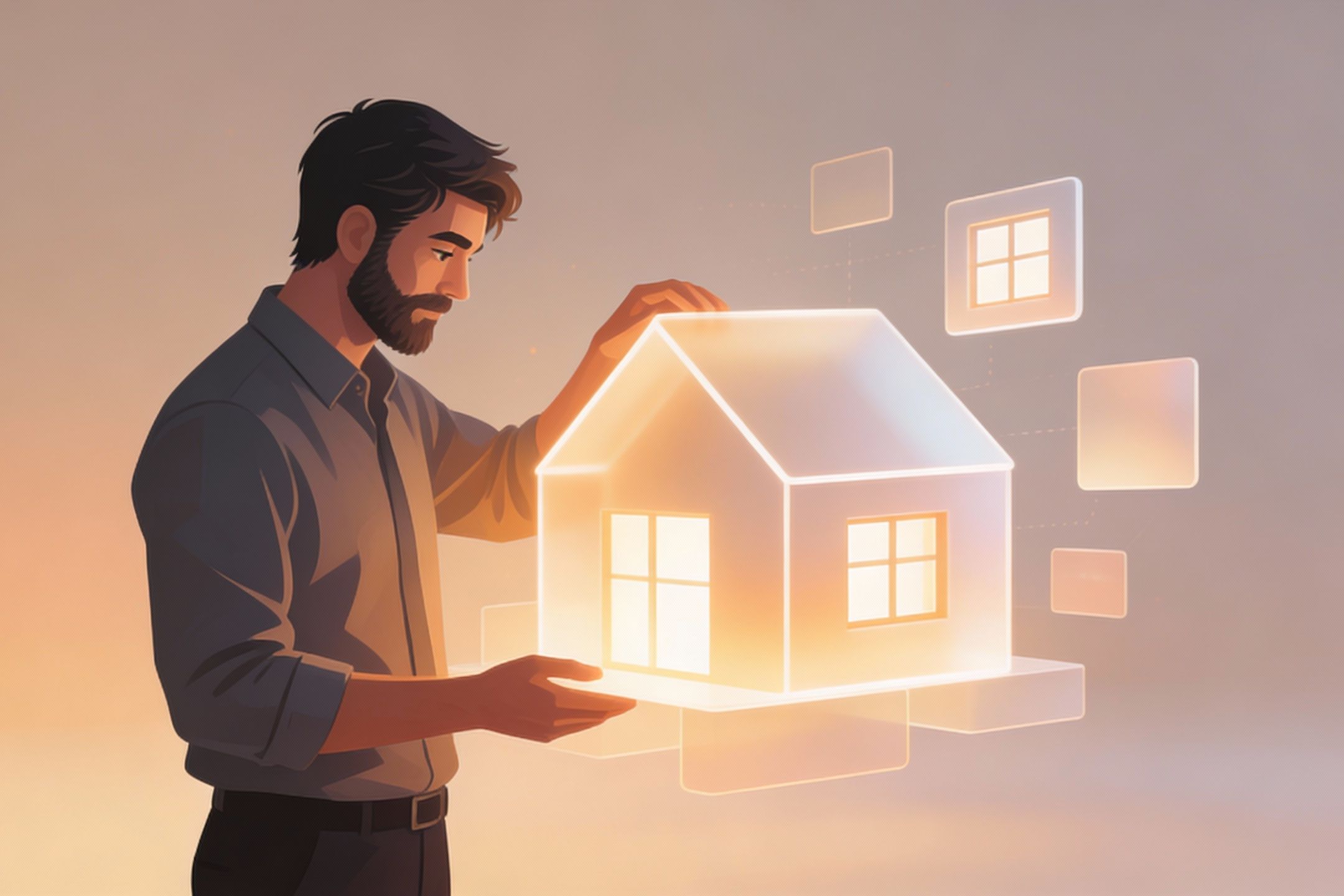 An illustrated man thoughtfully assembling a glowing, abstract digital home, symbolizing the intentional creation of a personal digital identity.