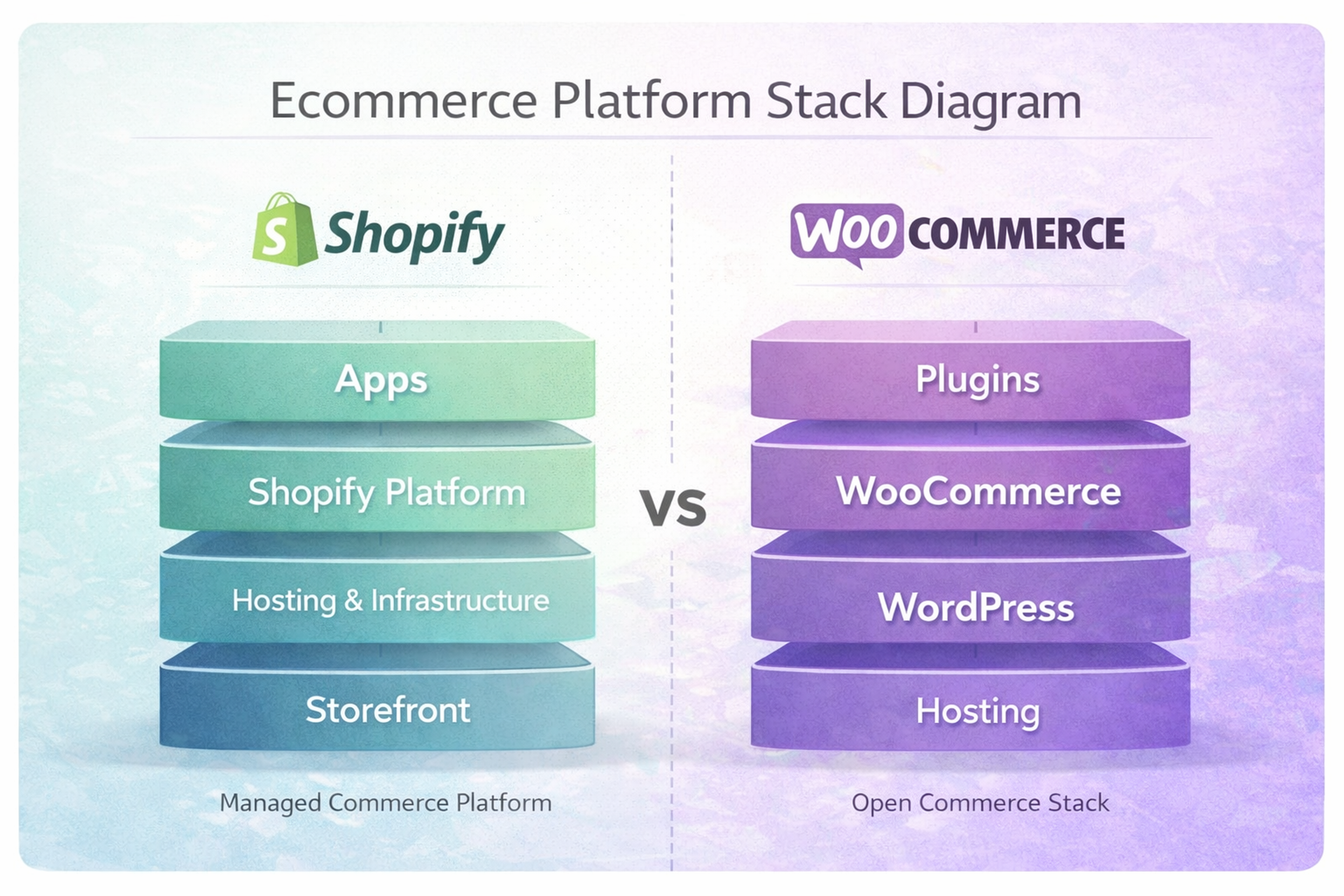 Shopify vs WooCommerce platform stack diagram showing Shopify as a managed commerce platform and WooCommerce as an open commerce stack built on WordPress and plugins.