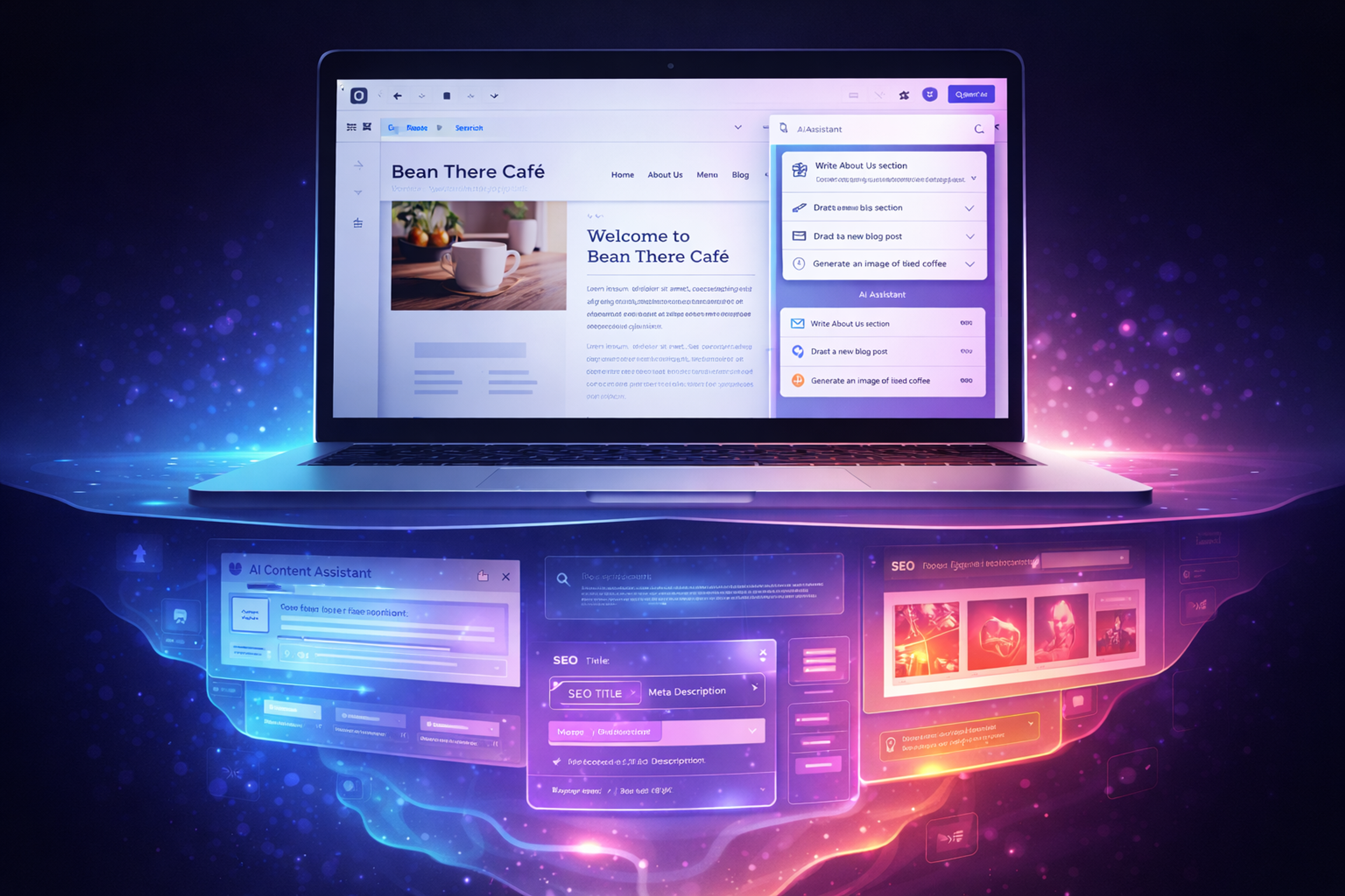 Laptop displaying a WordPress website with hidden AI tools including content generation, SEO optimization, and design adjustments