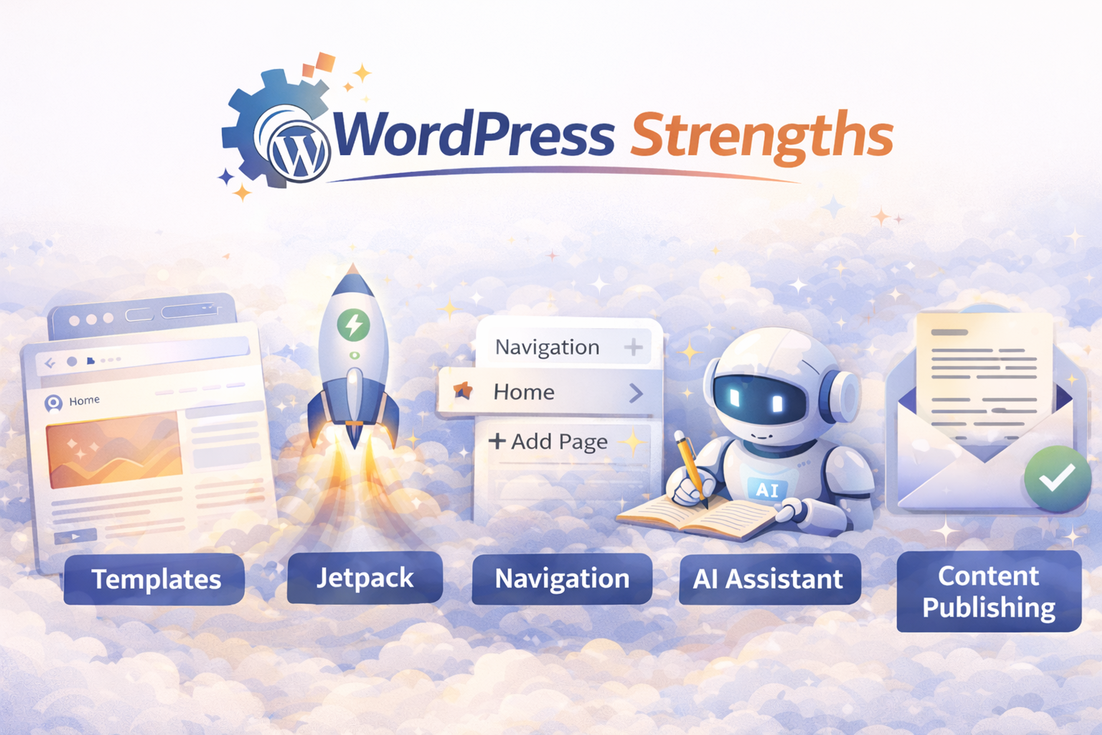 Wordpress is a fantastic choice for several reasons.  This article covers Wordpress templates, Jetpack, Navigation control, AI Assistance, and Content publishing. 
