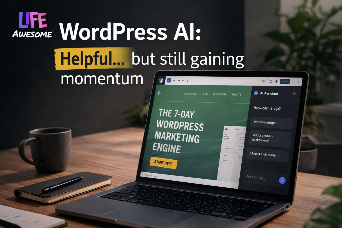 WordPress editor with AI assistant panel open showing limited design changes despite user request, illustrating current limitations of WordPress AI tools