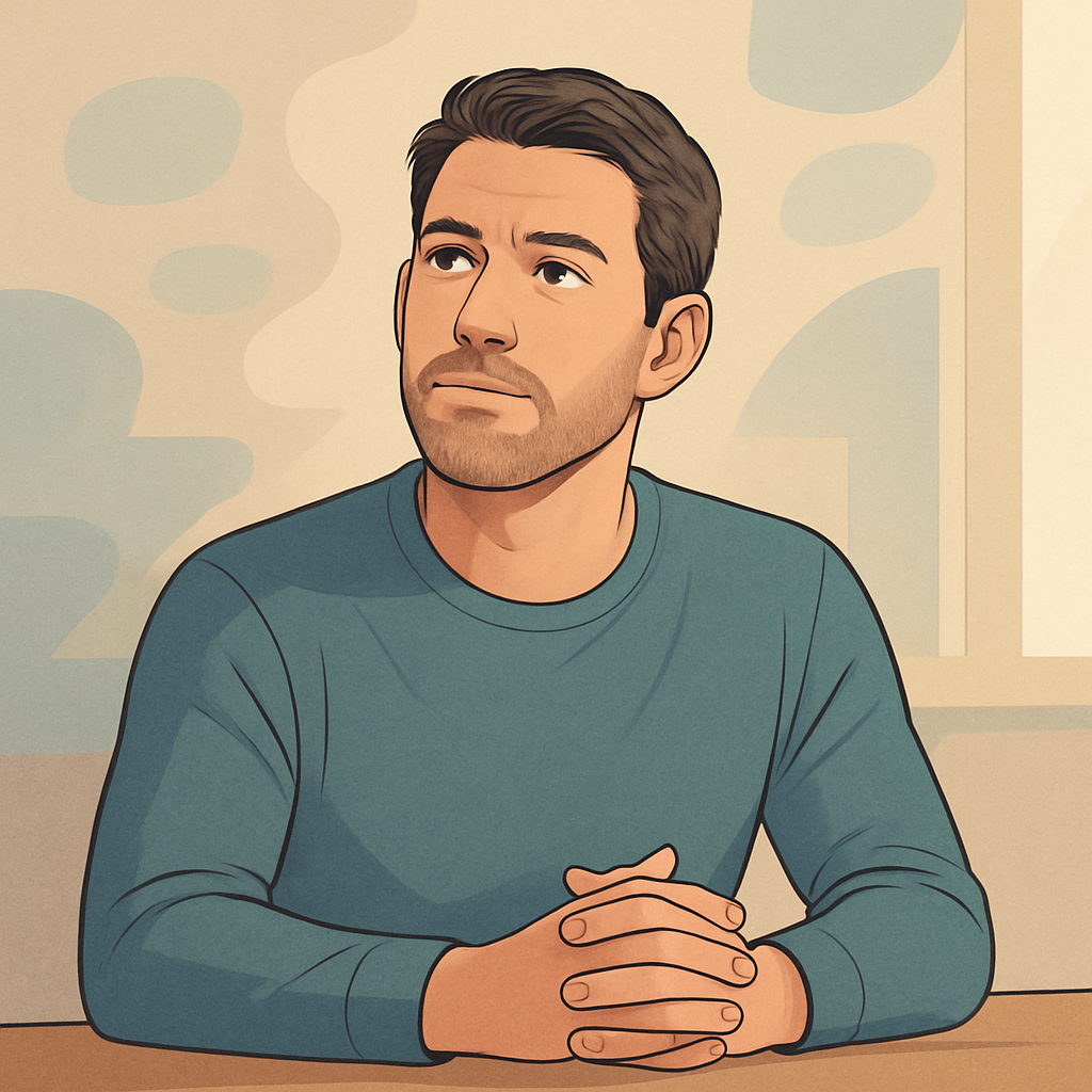 Illustrated portrait of a thoughtful adult man with a calm, confident expression, representing reflection and clarity around personal success.