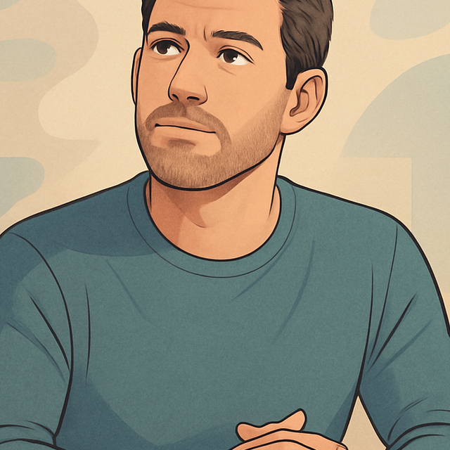 Illustrated portrait of a thoughtful adult man with a calm, confident expression, representing reflection and clarity around personal success.