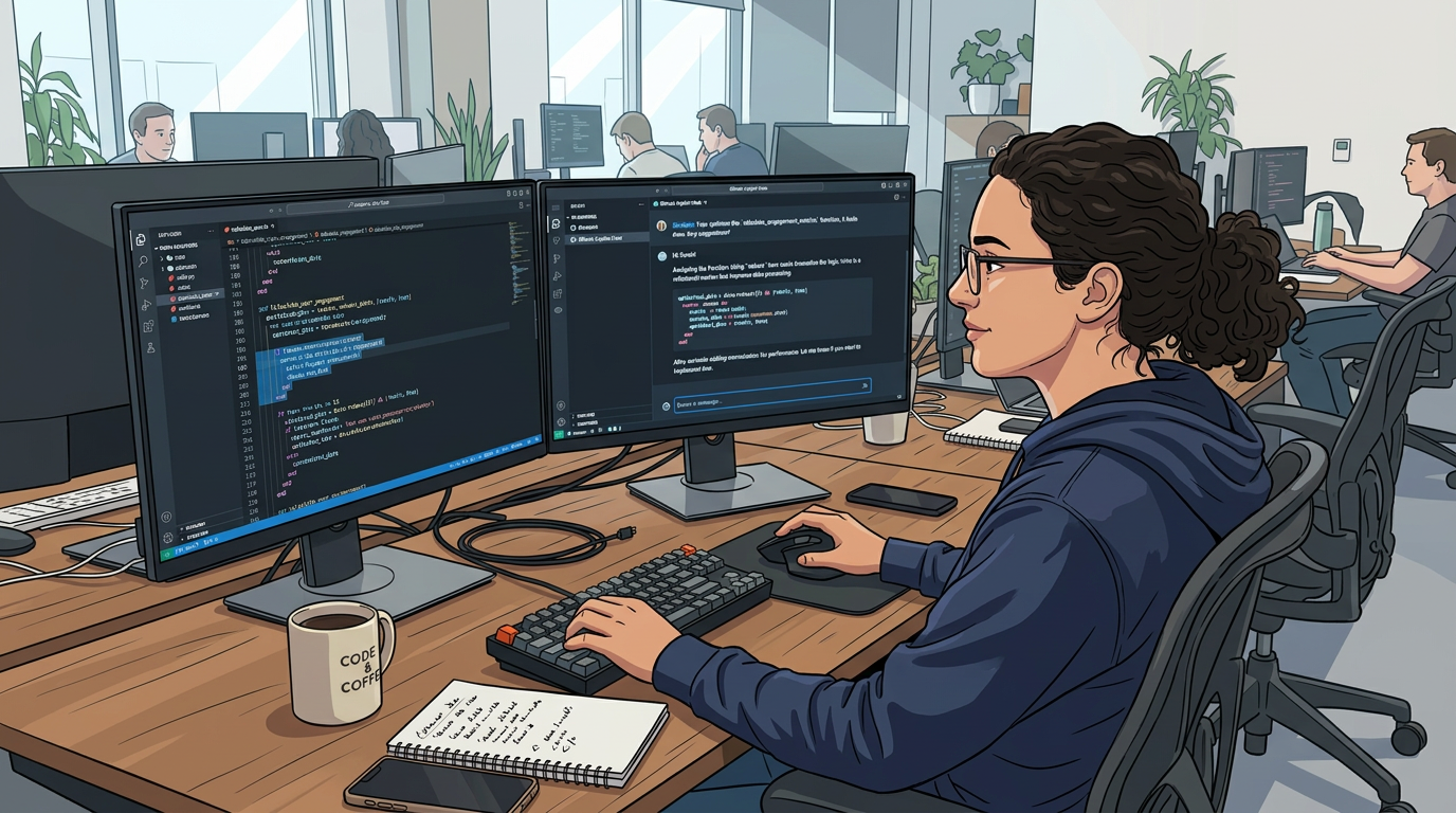 Software engineer reviewing AI-generated code on a dual-monitor setup