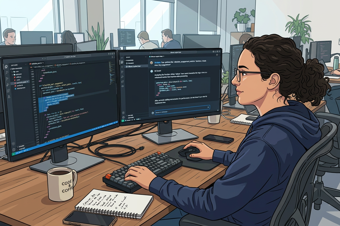 Software engineer reviewing AI-generated code on a dual-monitor setup