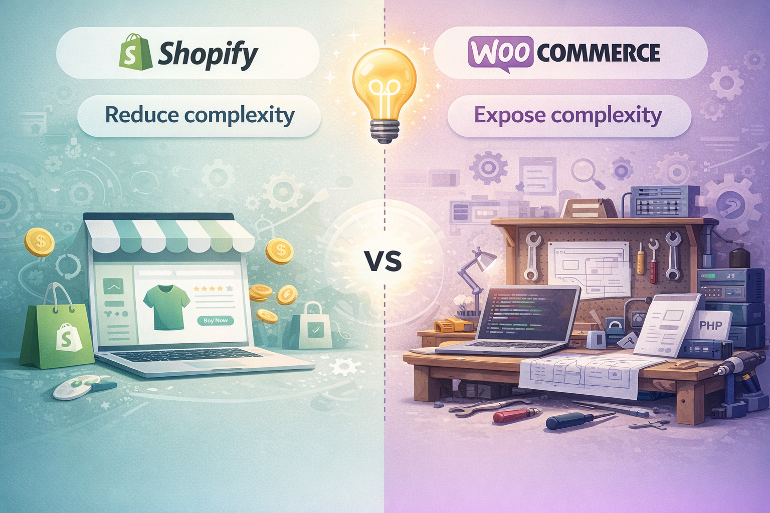 Shopify vs WooCommerce infographic illustrating their core philosophy: Shopify reduces complexity while WooCommerce exposes complexity for greater customization.