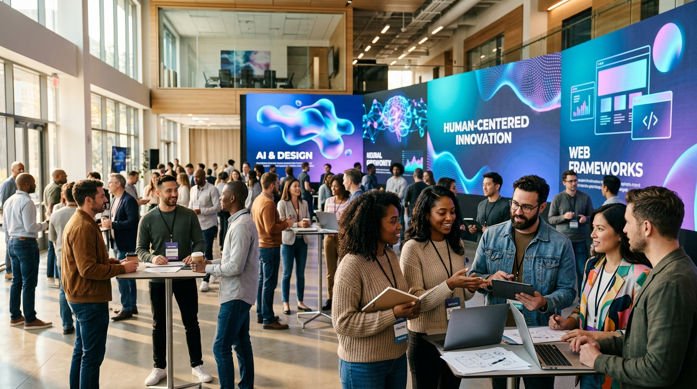 Developers, designers, and creators networking at a modern technology conference while discussing AI and the future of the web.