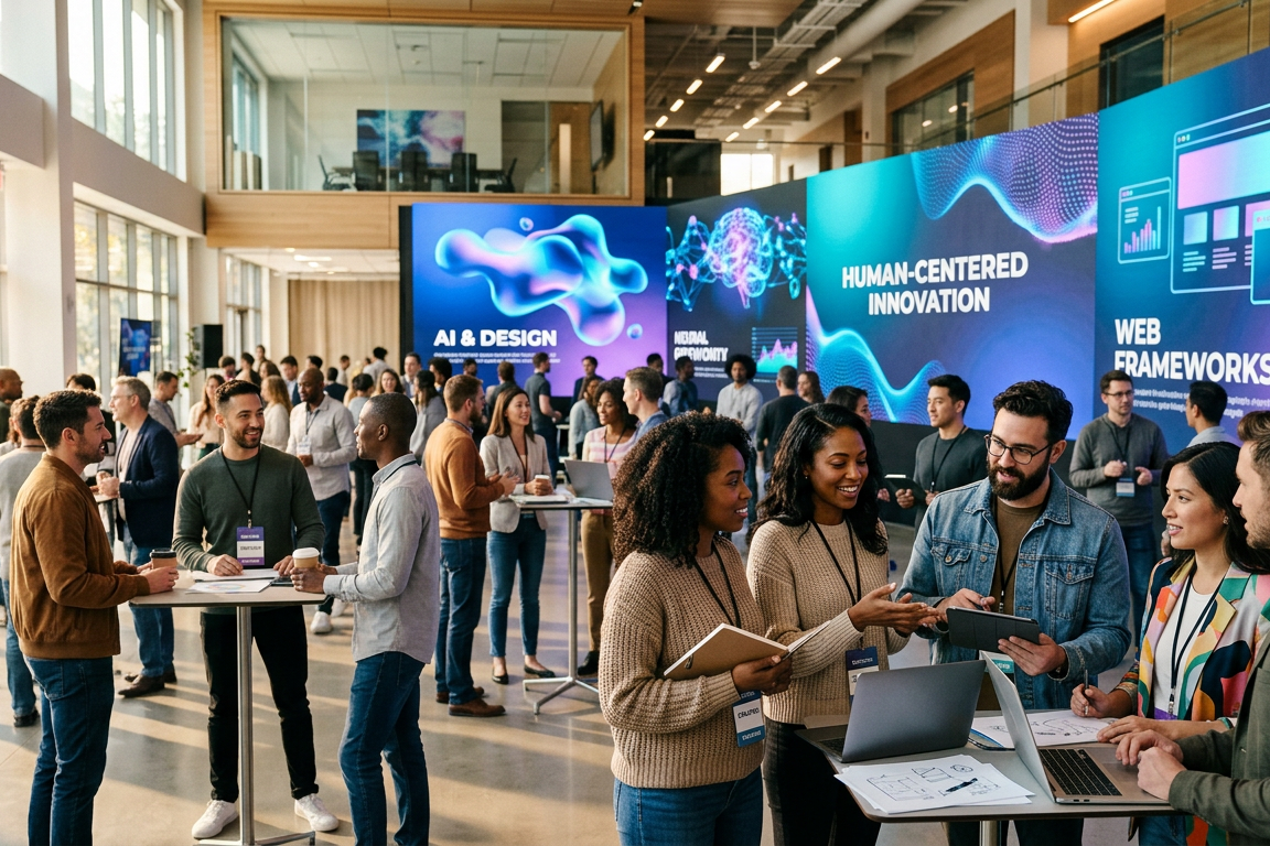 Developers, designers, and creators networking at a modern technology conference while discussing AI and the future of the web.