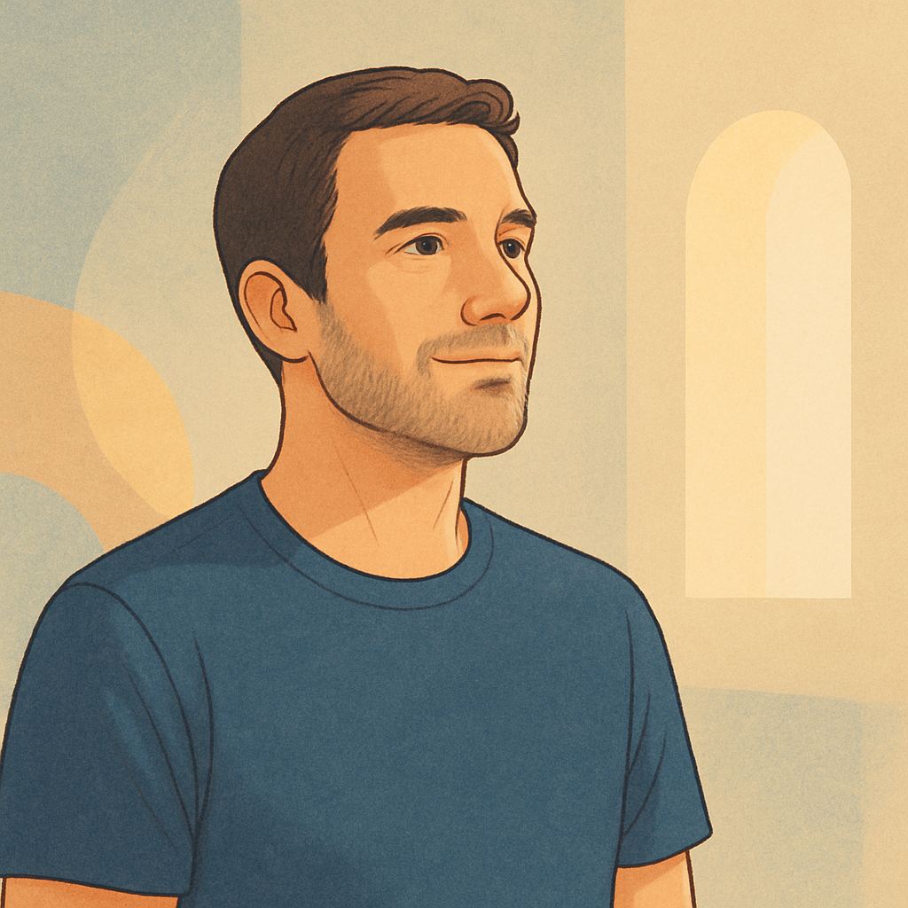 Illustrated portrait of a thoughtful adult man with a calm, reflective expression, representing steady personal growth through small daily practices.