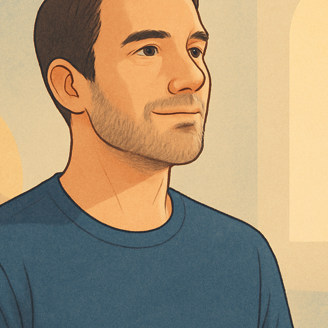 Illustrated portrait of a thoughtful adult man with a calm, reflective expression, representing steady personal growth through small daily practices.