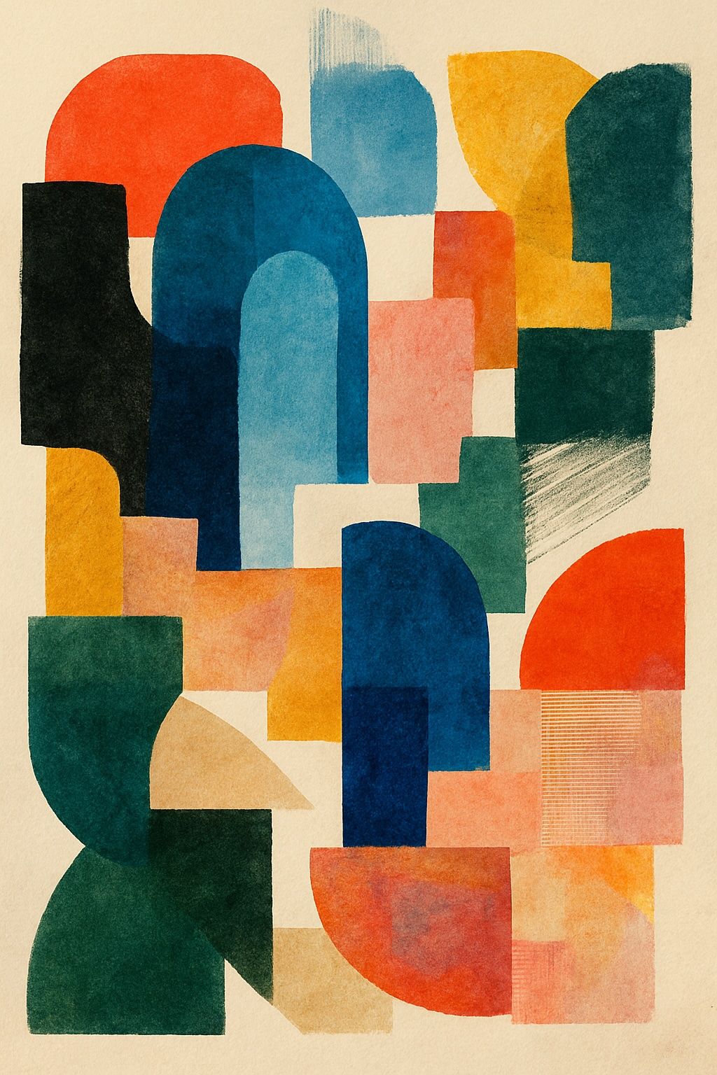 Abstract collage-style artwork with layered shapes, textures, and colors representing creative inspiration, visual influence, and artistic exploration.