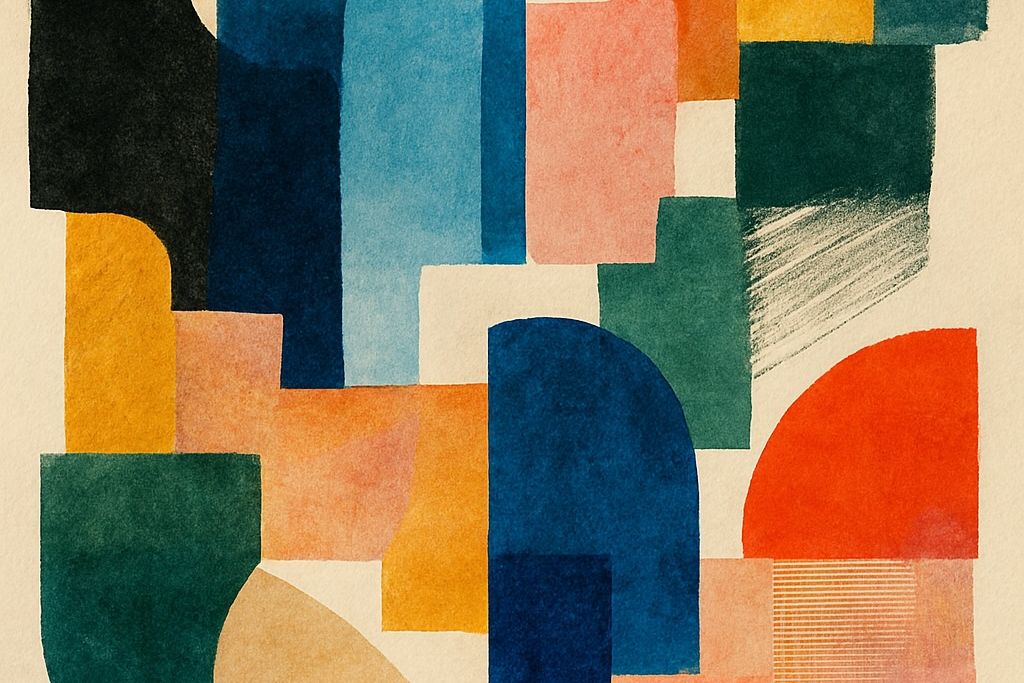 Abstract collage-style artwork with layered shapes, textures, and colors representing creative inspiration, visual influence, and artistic exploration.