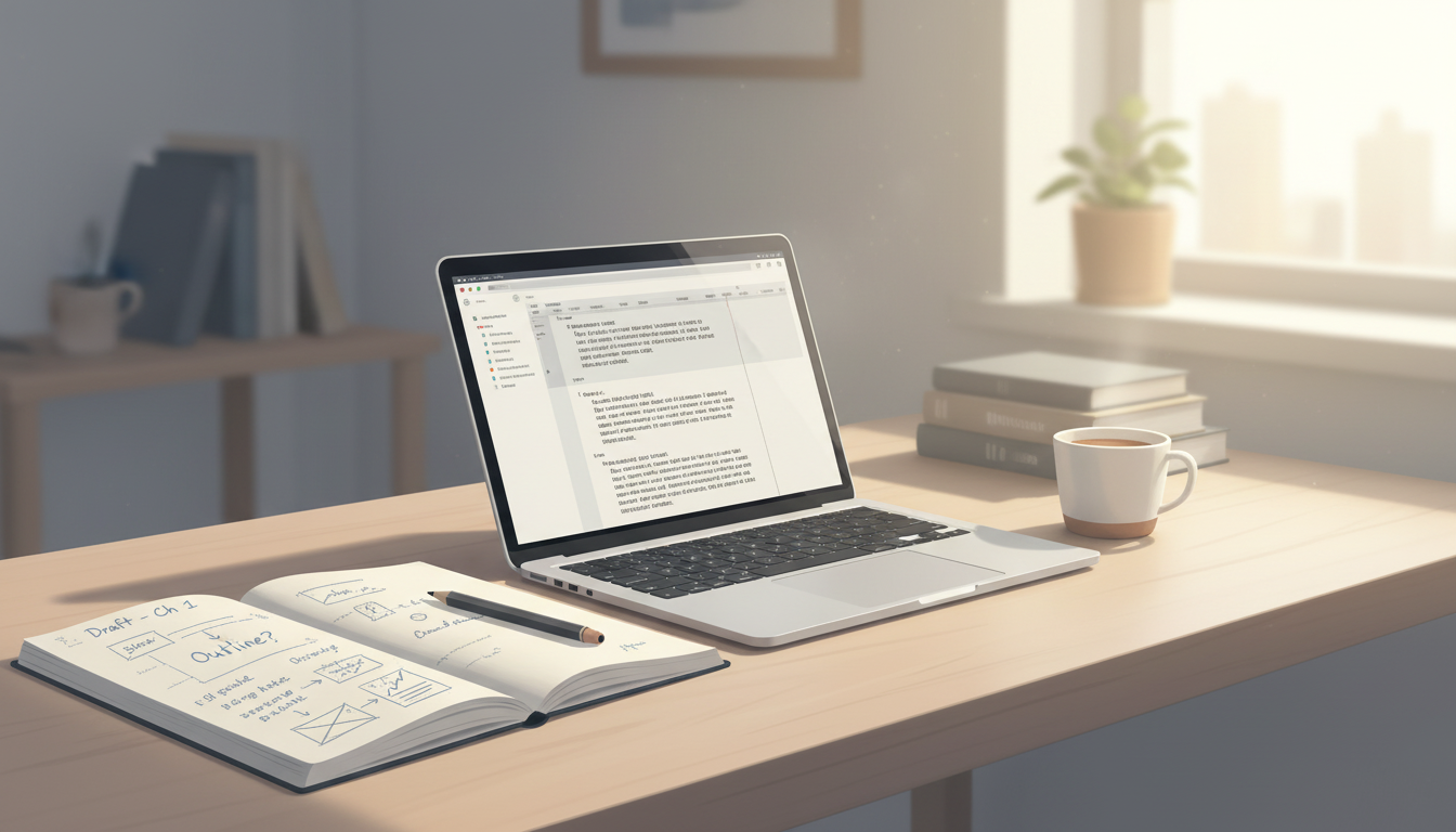A calm workspace representing a sustainable publishing workflow focused on clarity and low friction.