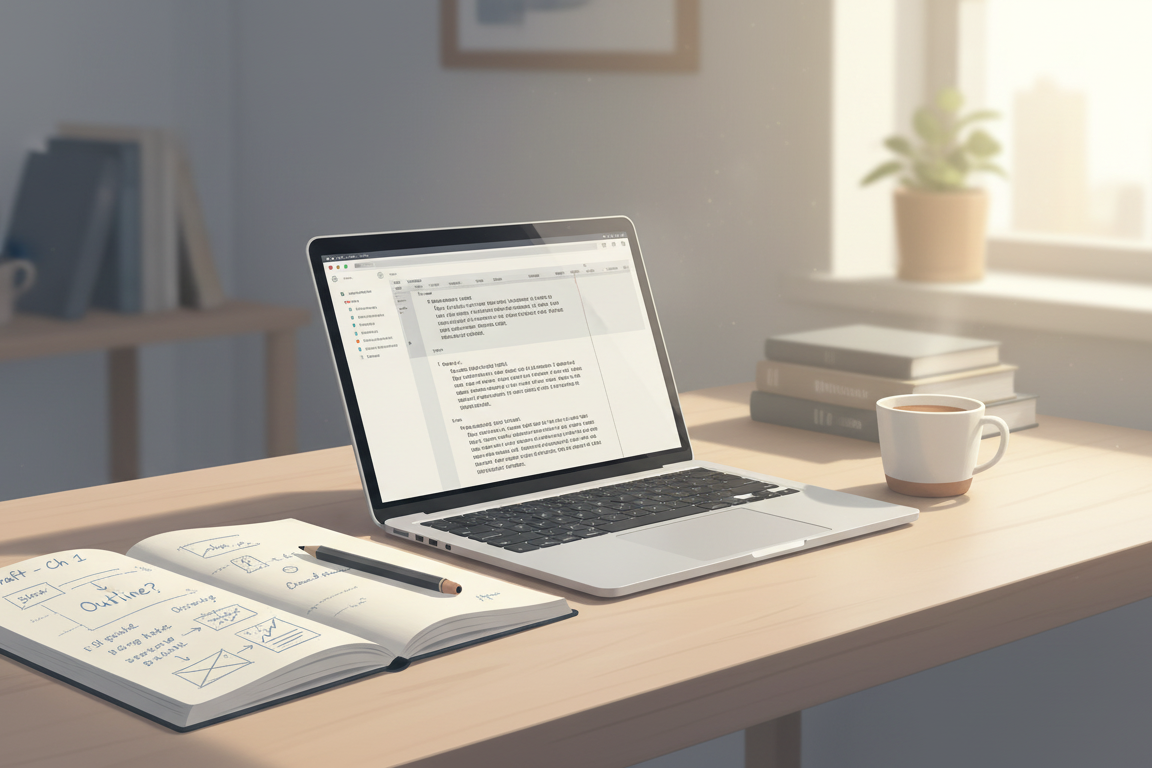 A calm workspace representing a sustainable publishing workflow focused on clarity and low friction.