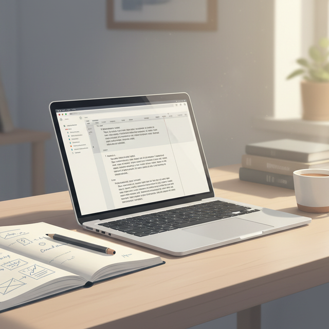 A calm workspace representing a sustainable publishing workflow focused on clarity and low friction.