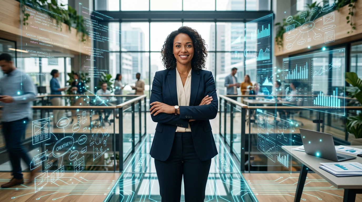 Professional navigating AI-powered technology while representing career growth, lifelong learning, and the future of work.