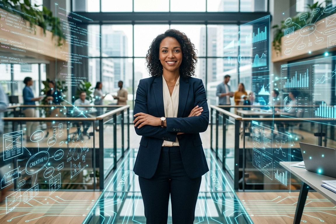 Professional navigating AI-powered technology while representing career growth, lifelong learning, and the future of work.