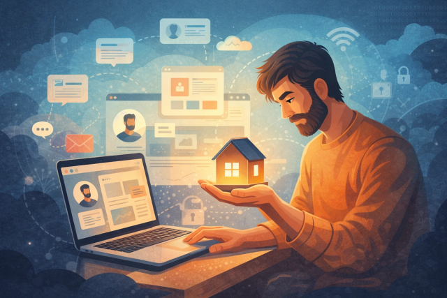 A thoughtful illustrated figure building a digital identity inside a calm, personal digital home, representing intentional online presence and ownership.