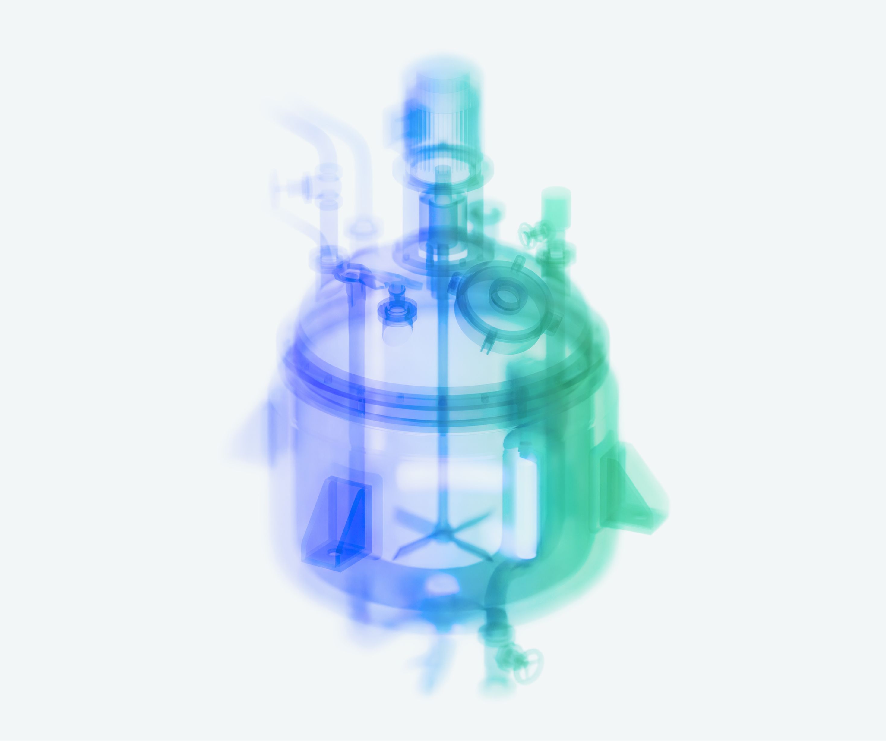 Illustration of a stirred-tank chemical reactor in translucent blue and green